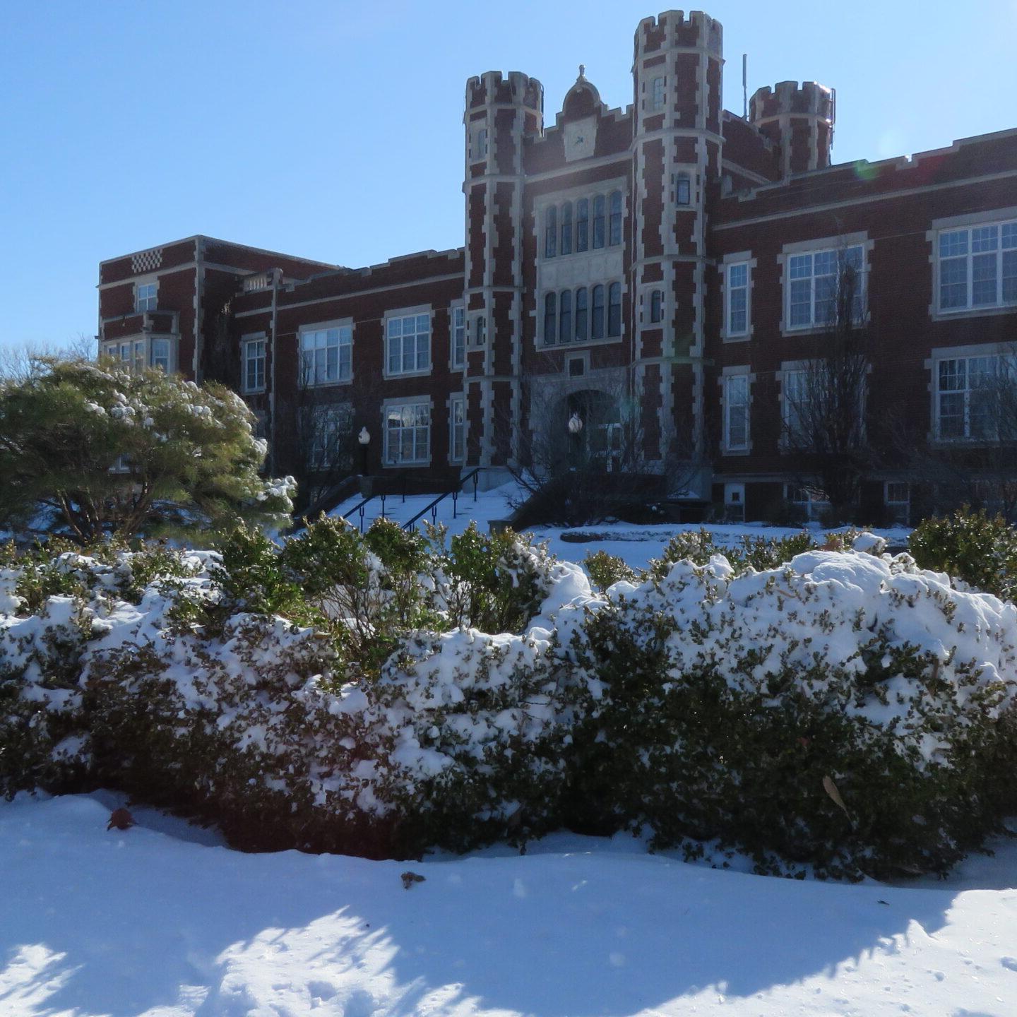 Pioneer Hall in snow, side angle