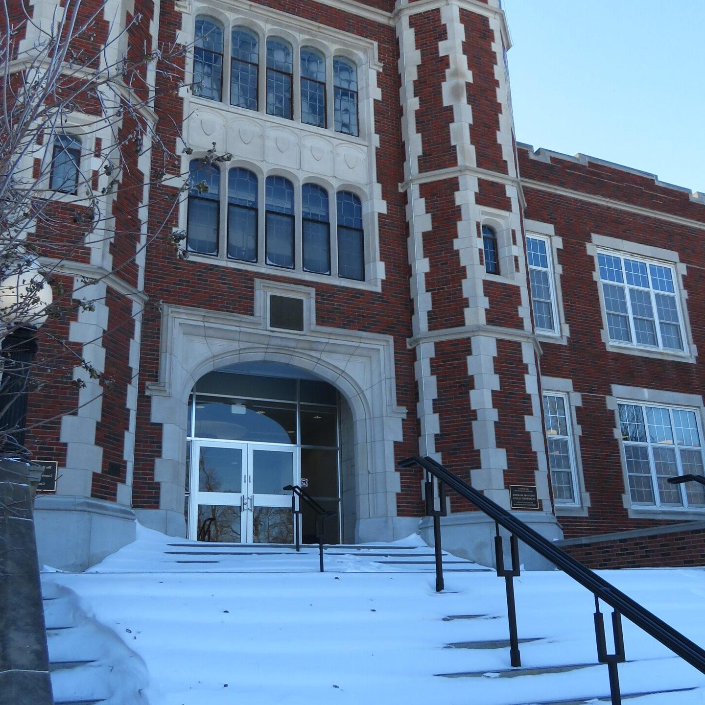 Snow-covered steps of Pioneer Hall